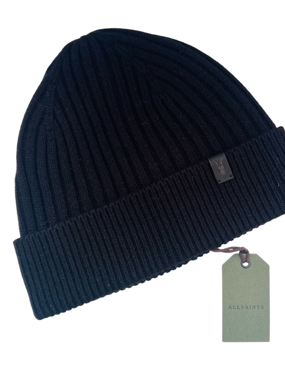 All Saints Black Rib-Knit Cuffed Beanie